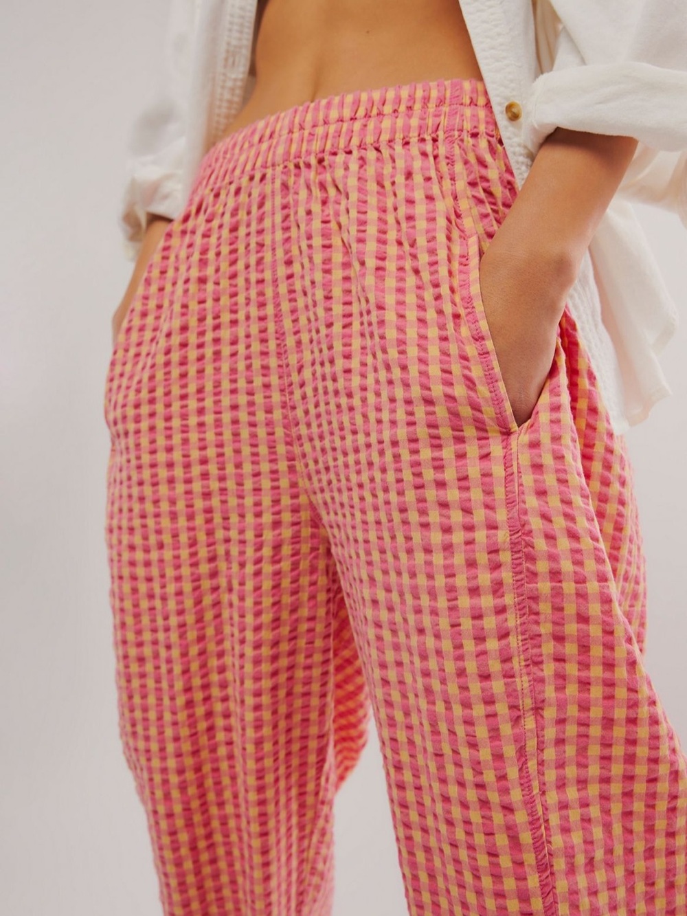 Free People Preppy Gingham Wide-Leg Pants Pink Combo - Picture 3 of 6